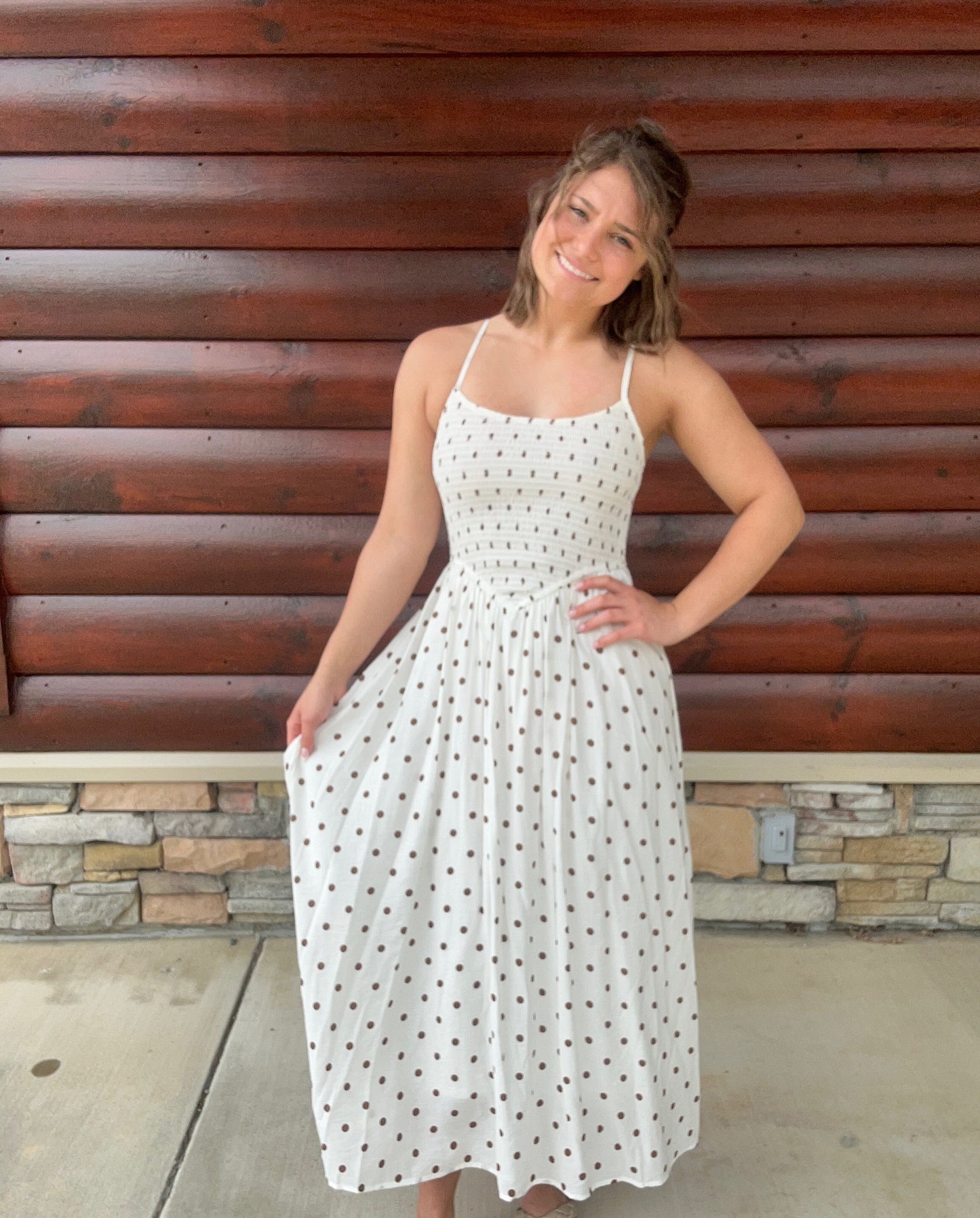 Polka Dot Smocked Basque Waist Midi
