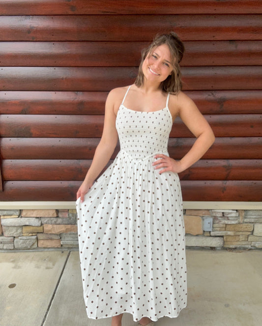 Polka Dot Smocked Basque Waist Midi