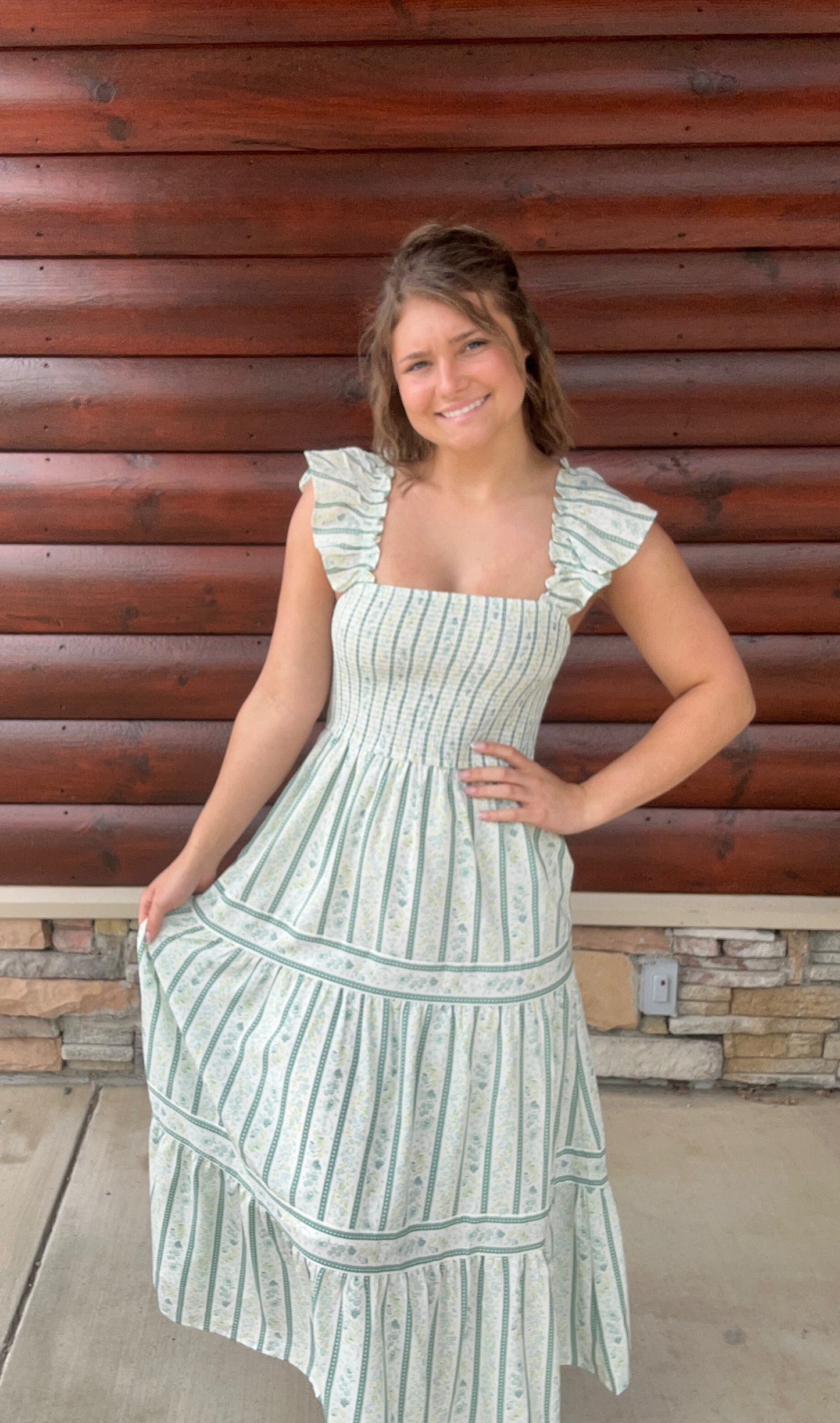 Stripe Floral Smocked Tiered Midi
