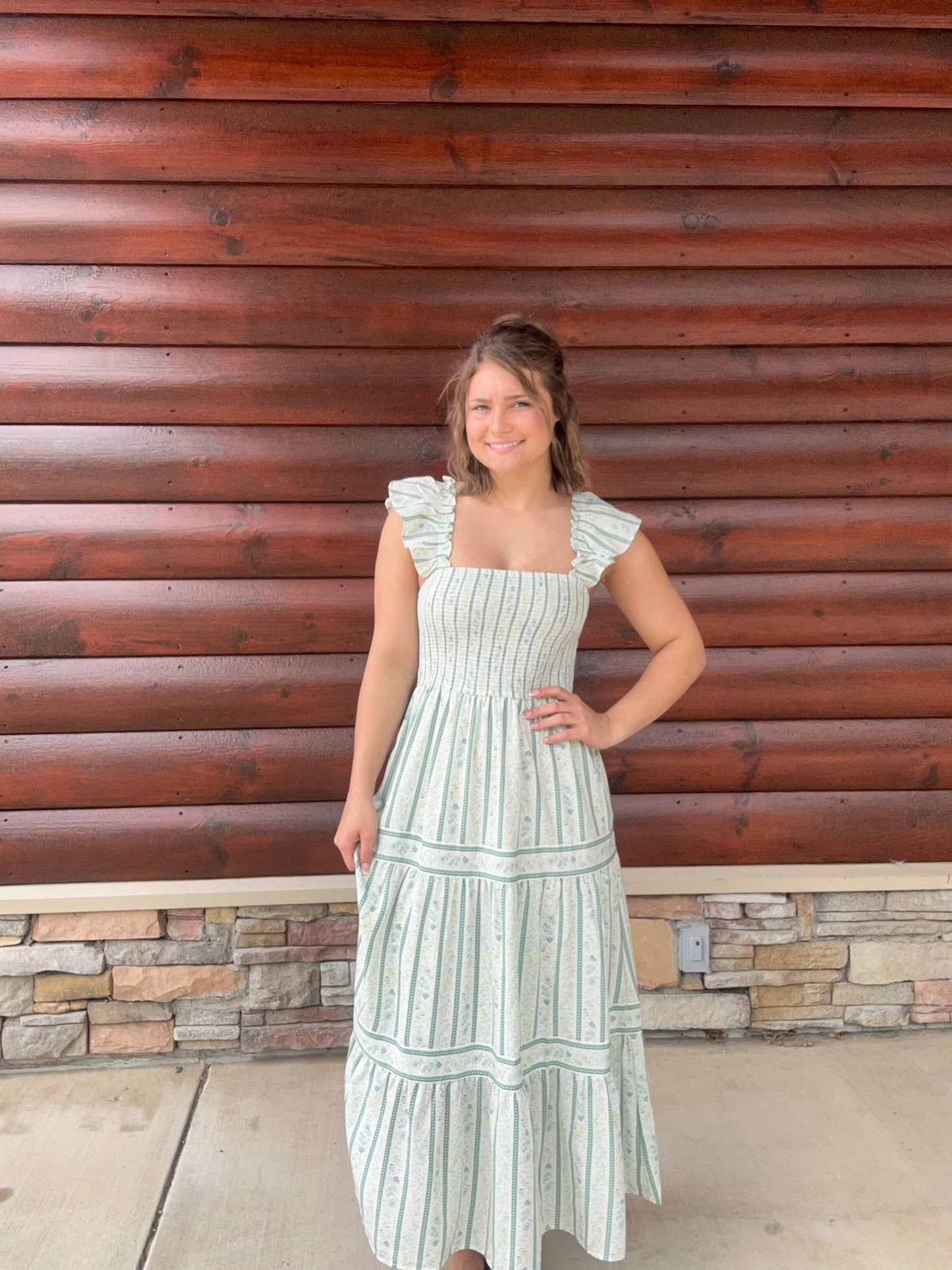 Stripe Floral Smocked Tiered Midi