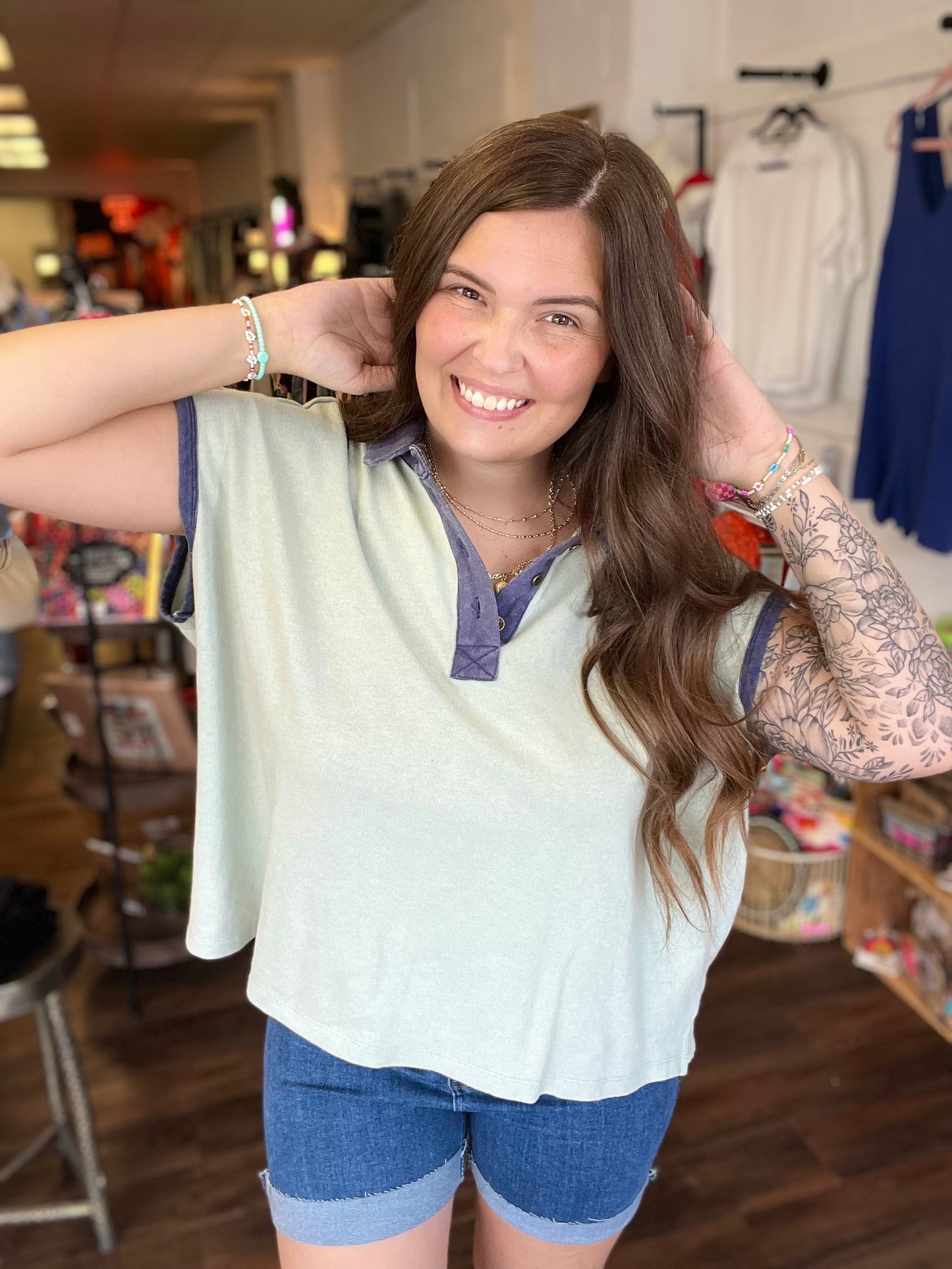 Drop sleeve Quarter Button Top
