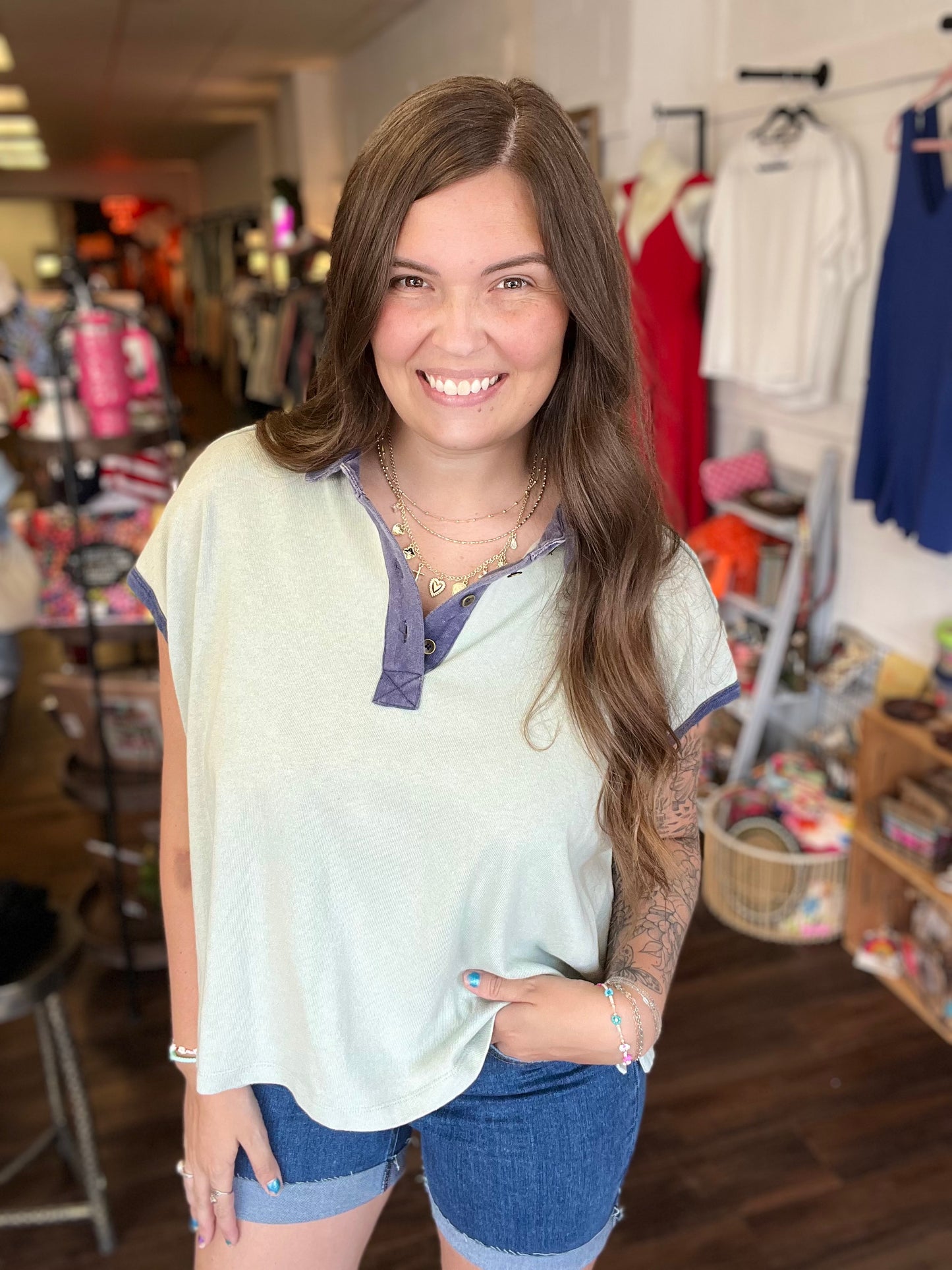 Drop sleeve Quarter Button Top