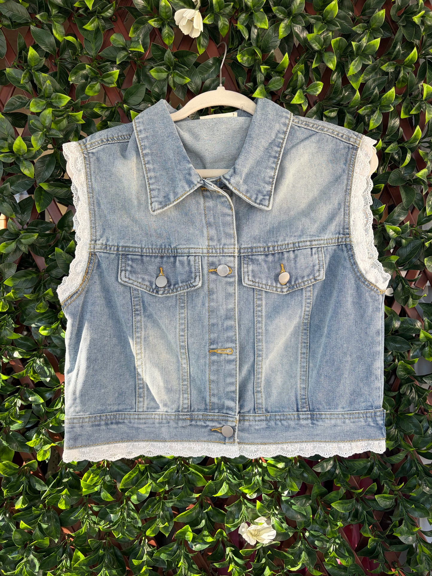 Denim Vest With Lace Trim