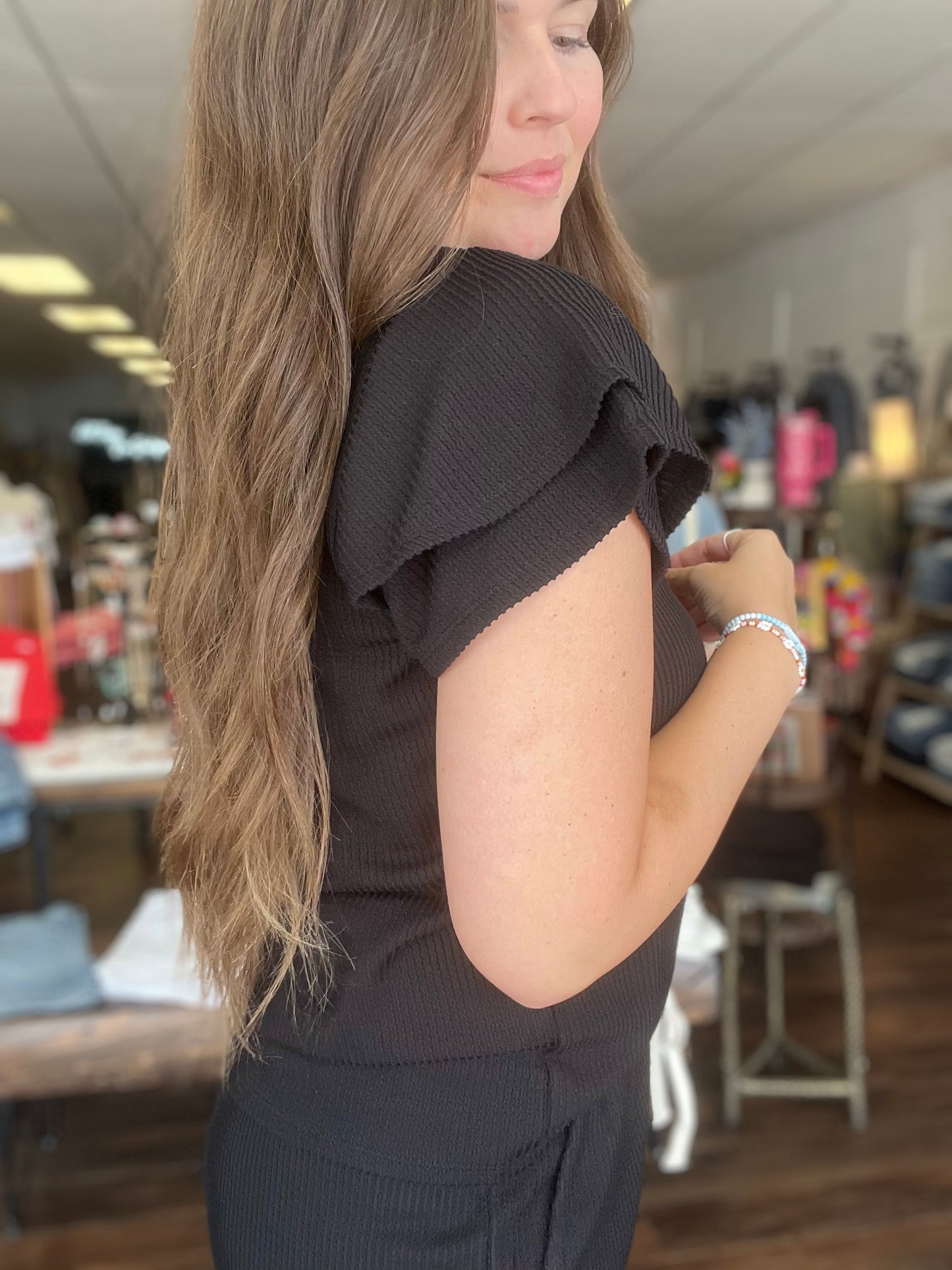 Ribbed Ruffle Sleeve Top
