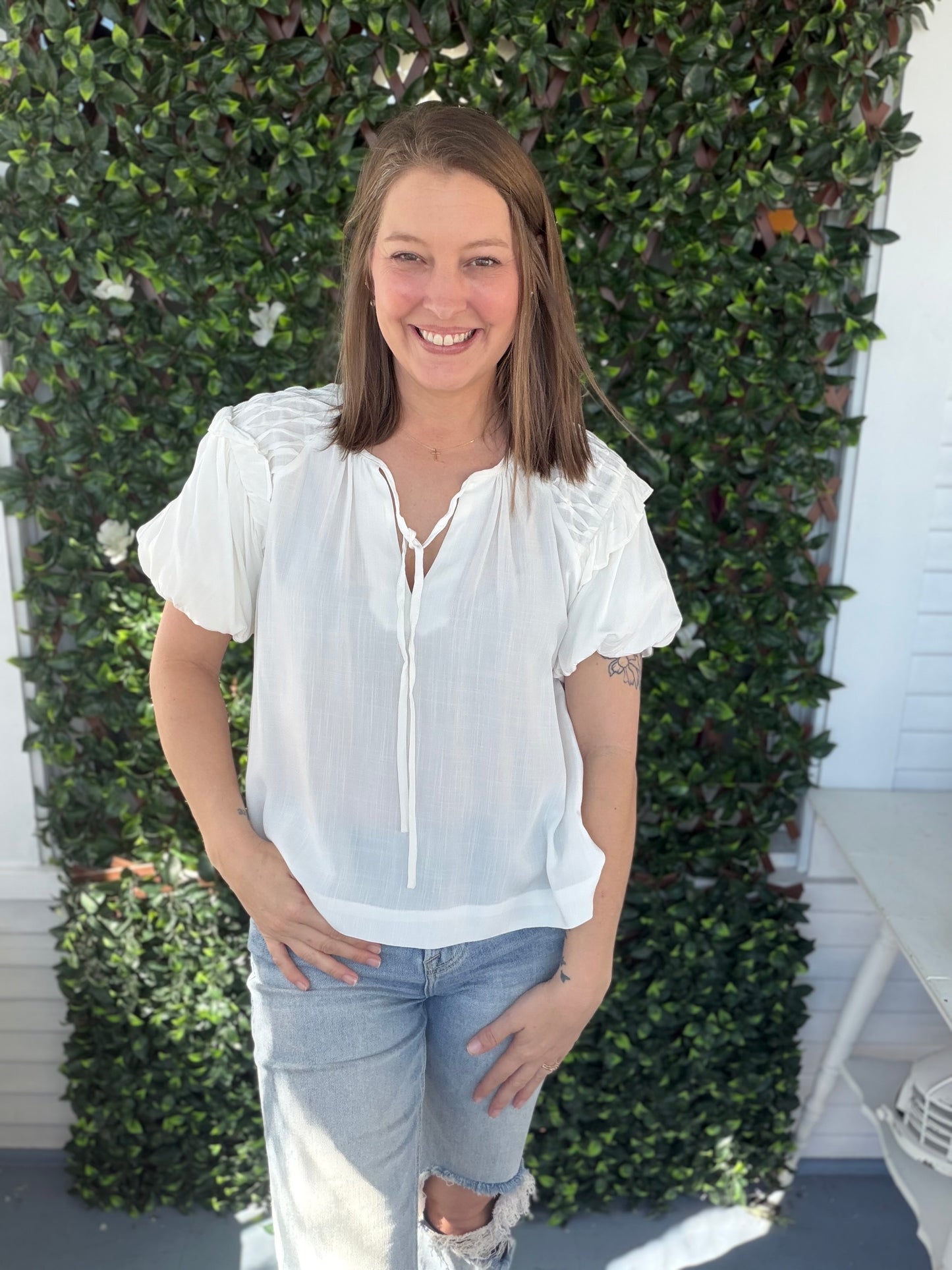 Bubble Sleeve Pintuck Detail Blouse