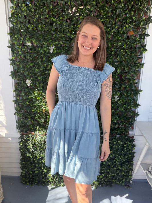 Smocked Chambray Tiered Dress