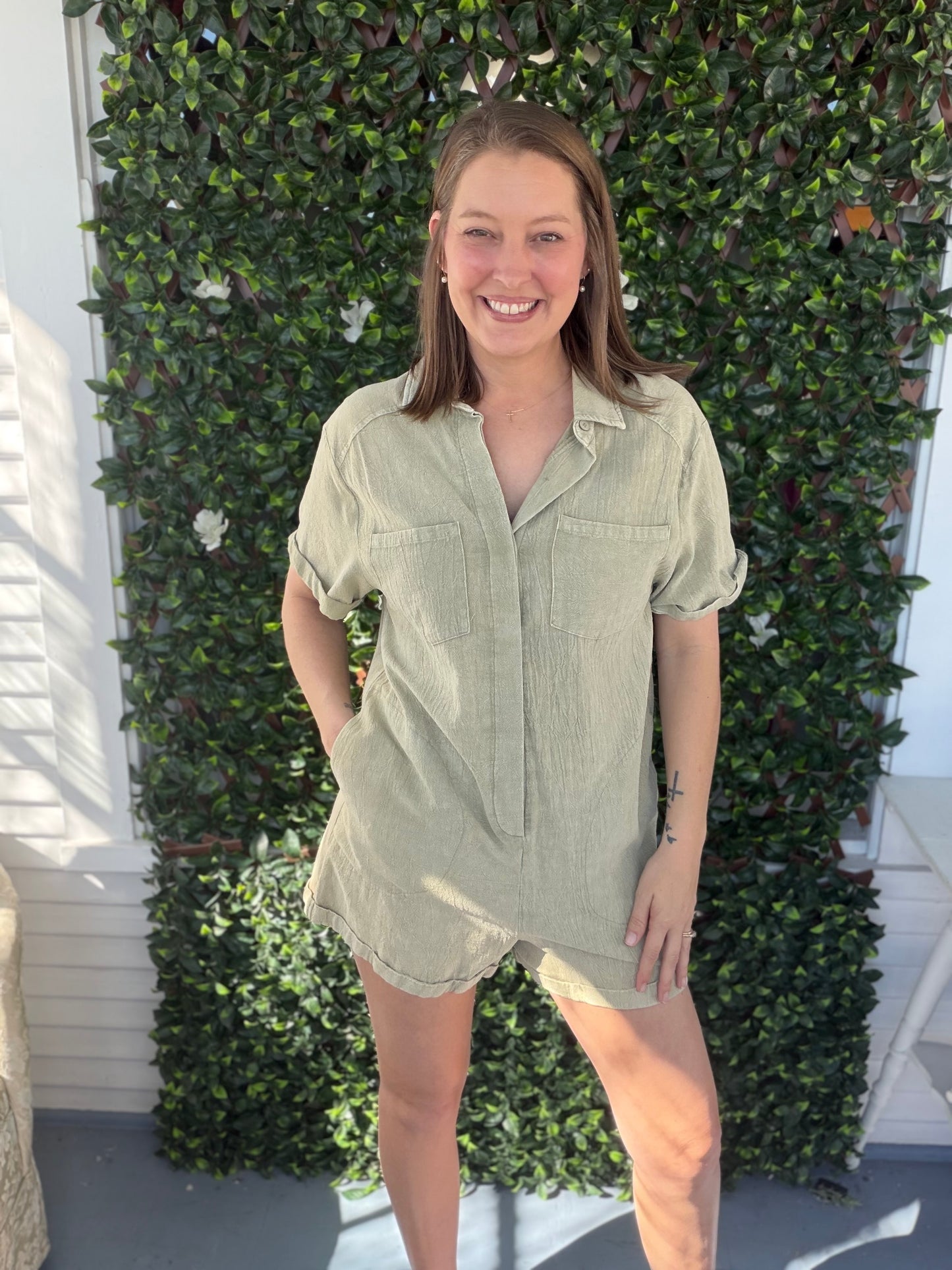Olive Linen Romper