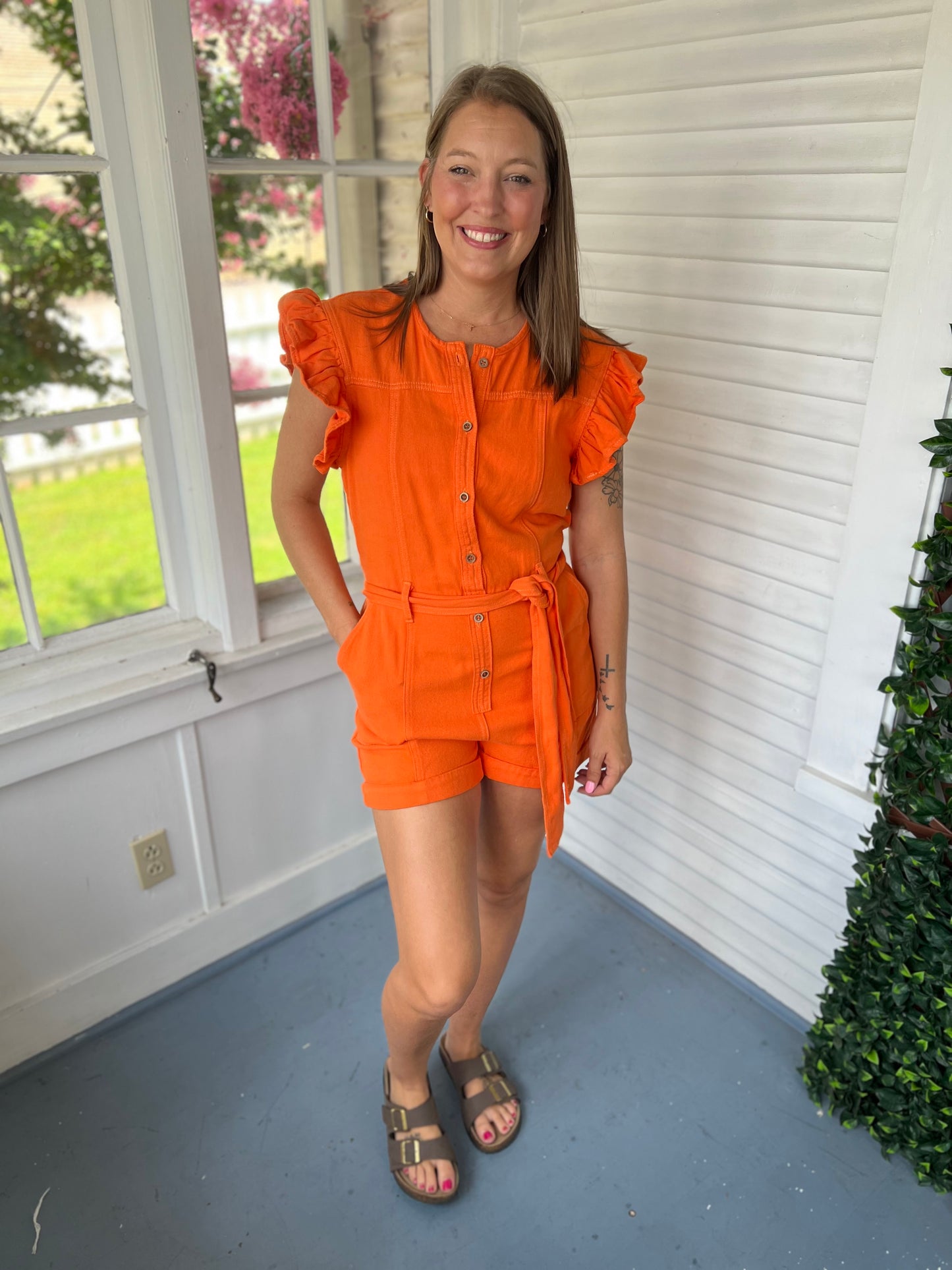 Orange Belted Denim Romper