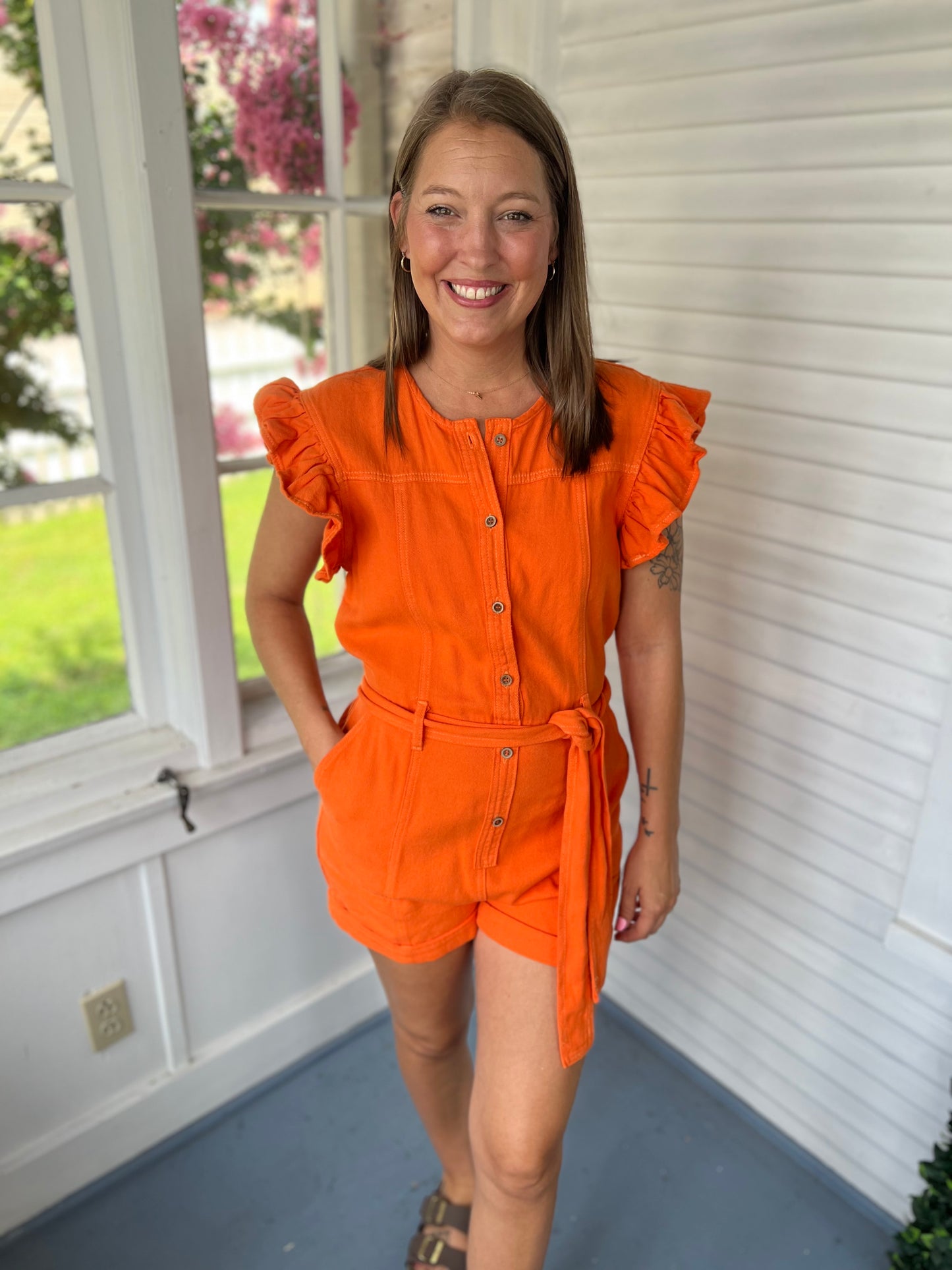 Orange Belted Denim Romper