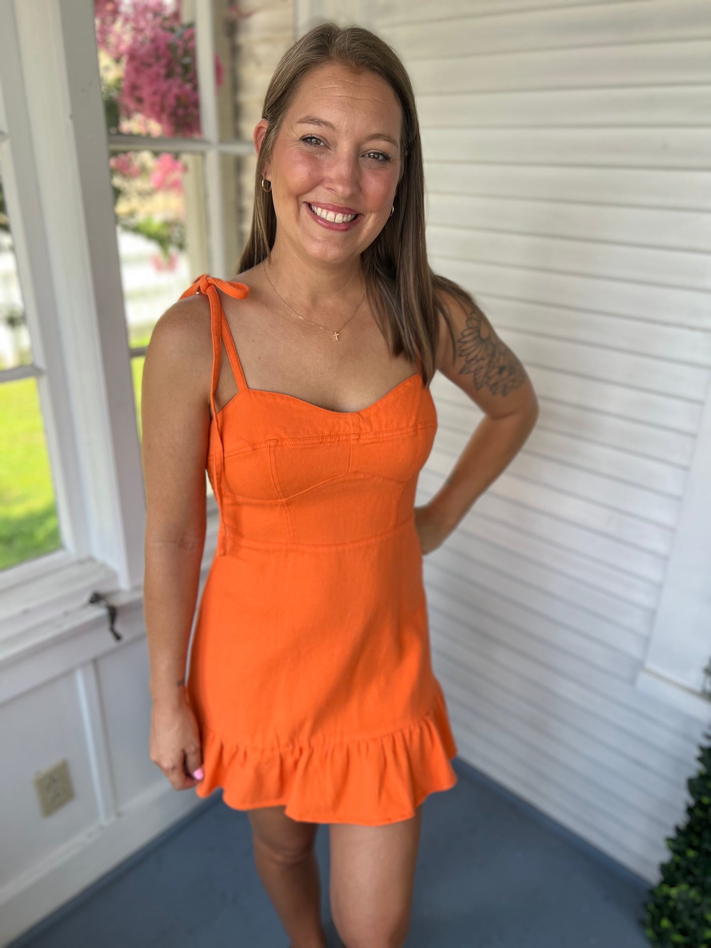 Tie Shoulder Orange Denim Dress