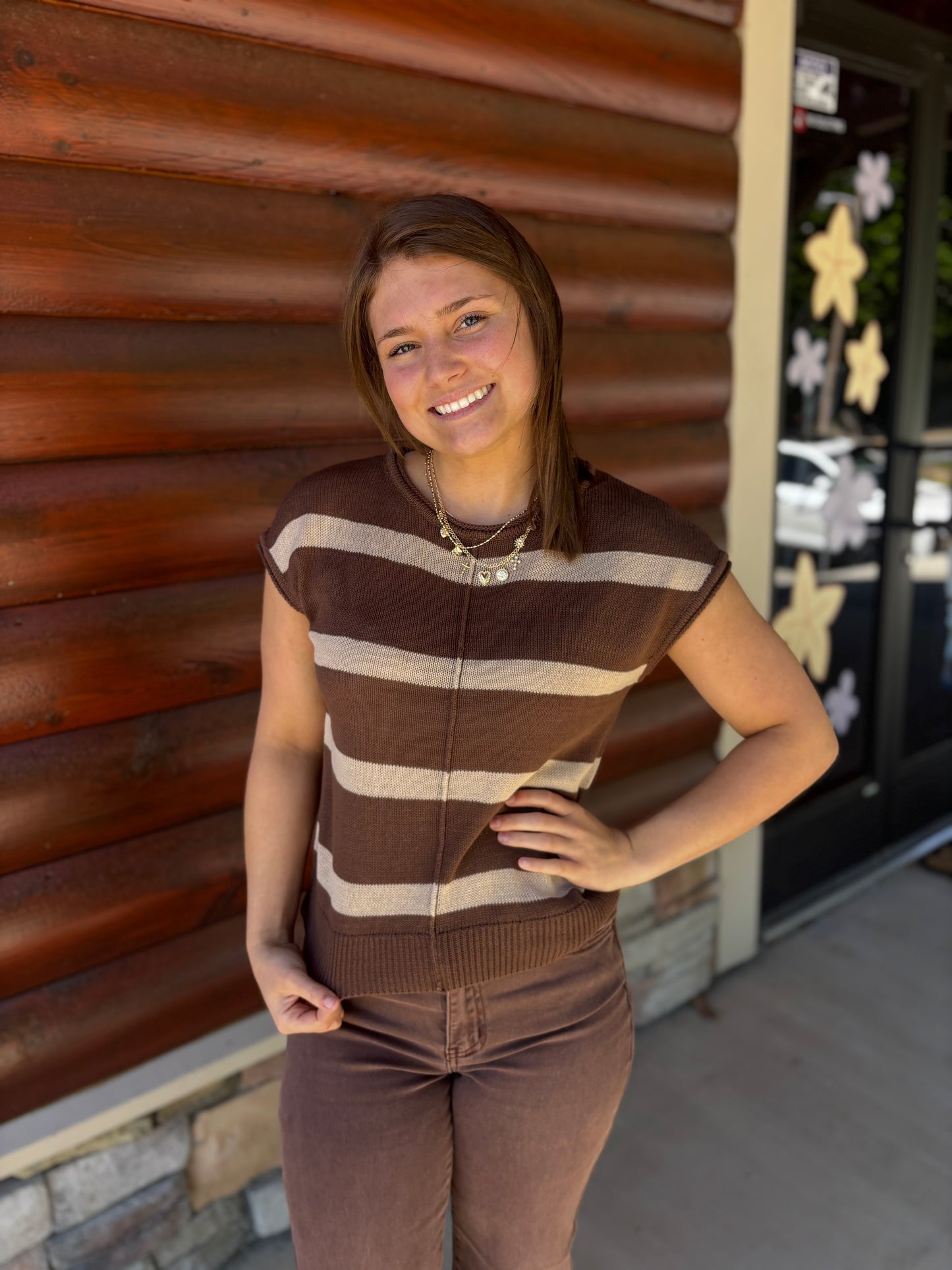 Stripe Front Seam SS Sweater Top