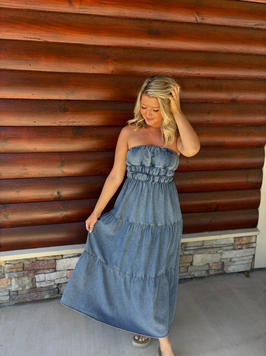 Strapless Shirred Tiered Denim Midi