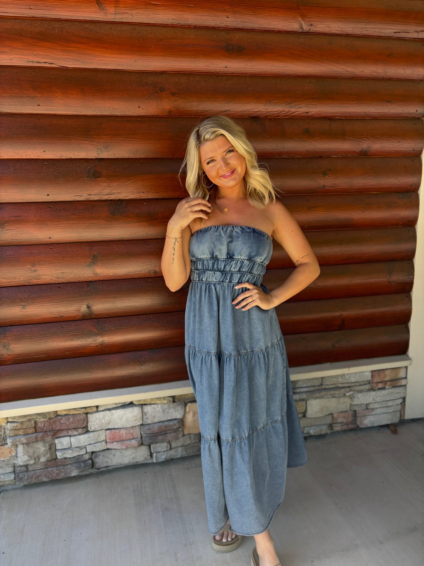 Strapless Shirred Tiered Denim Midi