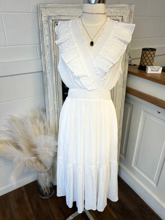 White Ruffle Vneck Dress