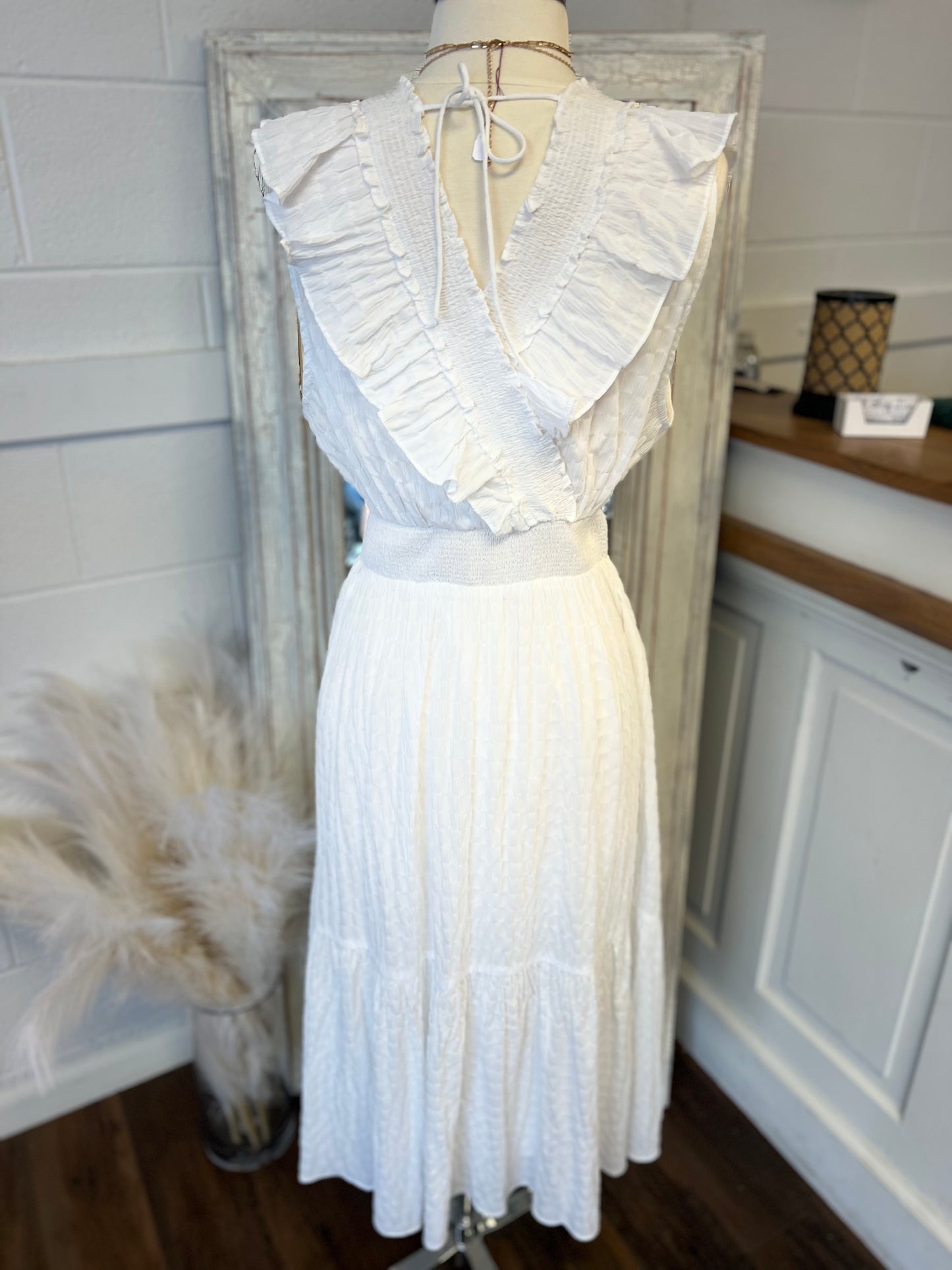 White Ruffle Vneck Dress