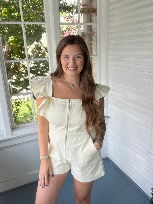 A17-Ruffle Sleeve Denim Romper