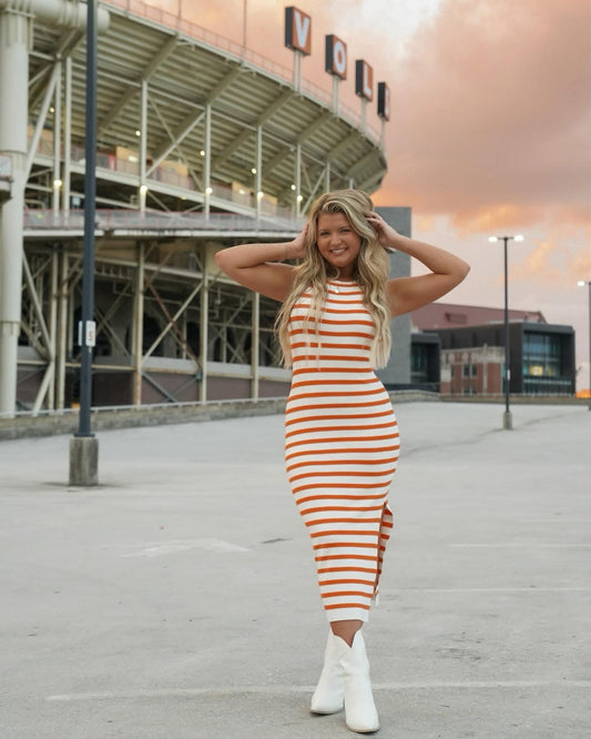 Orange/White Sleeveless Midi Dress