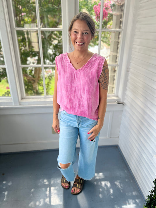 A15-Sleeveless Gauze Acid Washed Tank