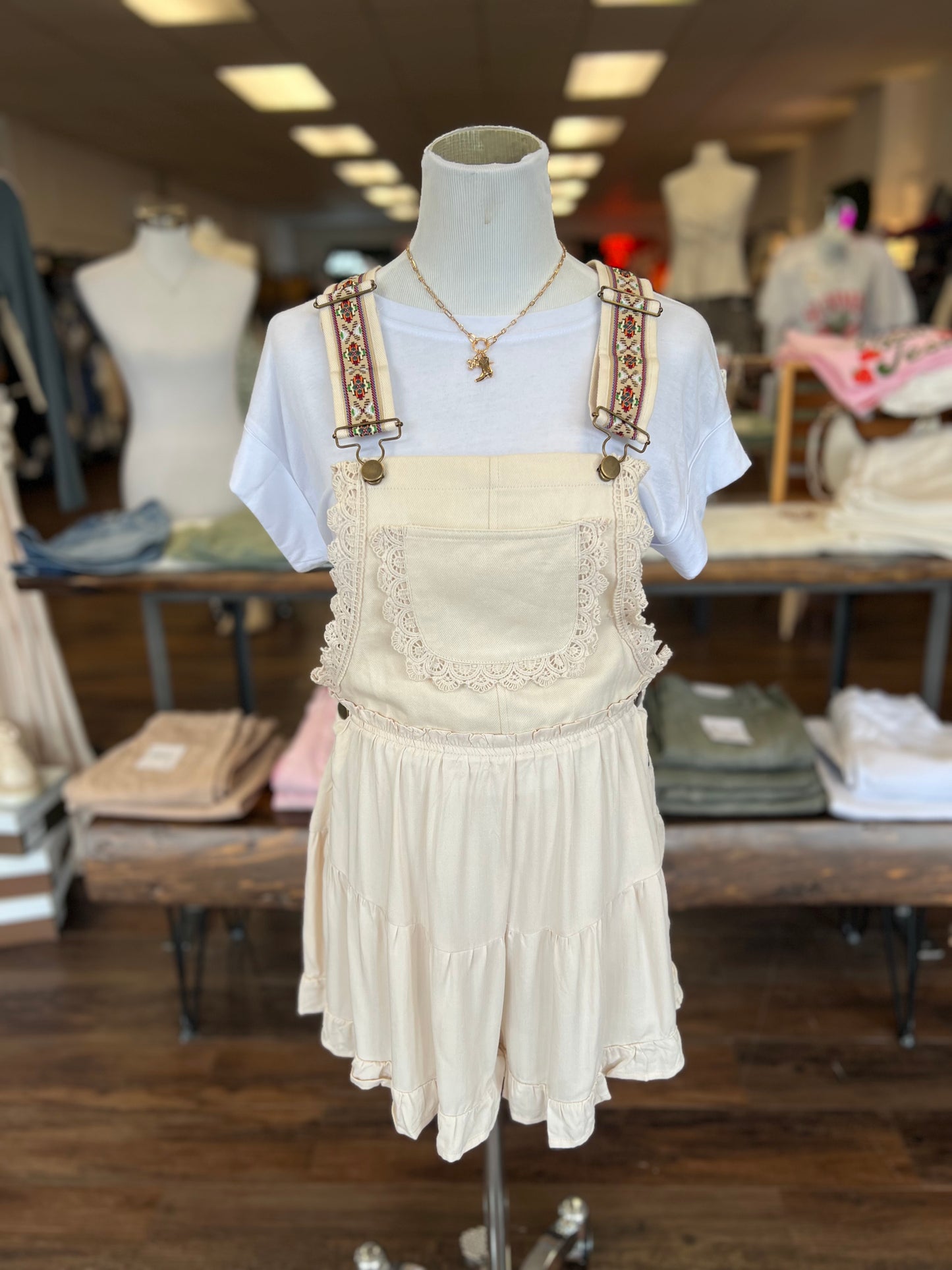 Lace Trim Overalls Romper