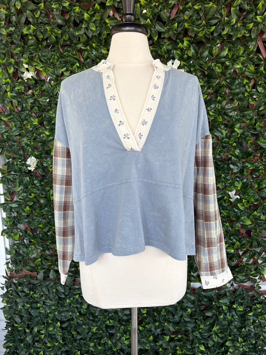 Floral Trim Plaid Contrast Top