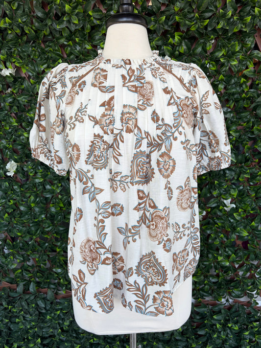 Floral Puff Sleeve Pleated Top