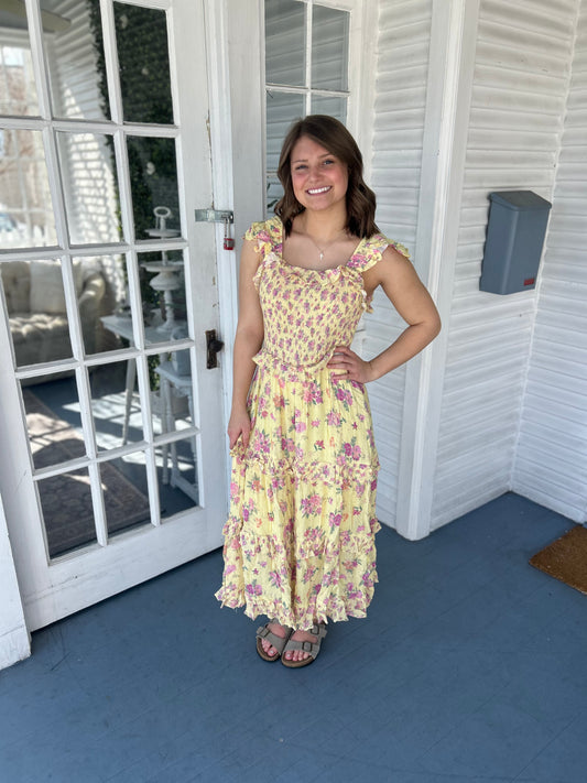 Lemon Floral Ruffle Shoulder Midi Dress