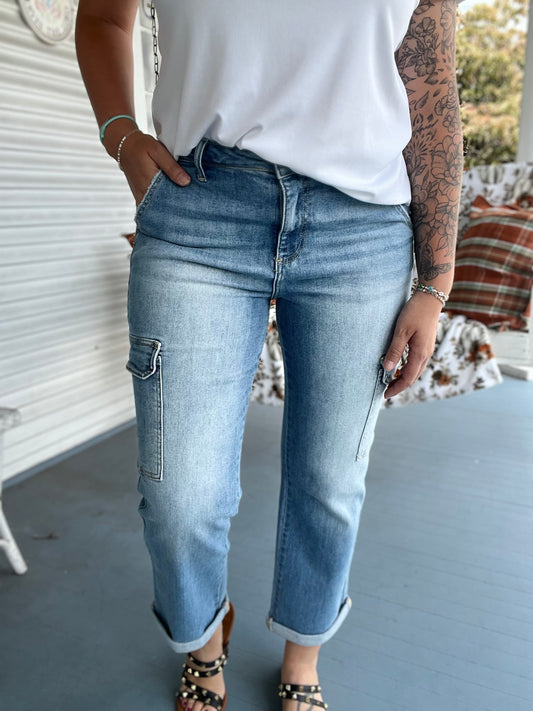 High Rise Crop Straight Cargo Roll Up Jeans