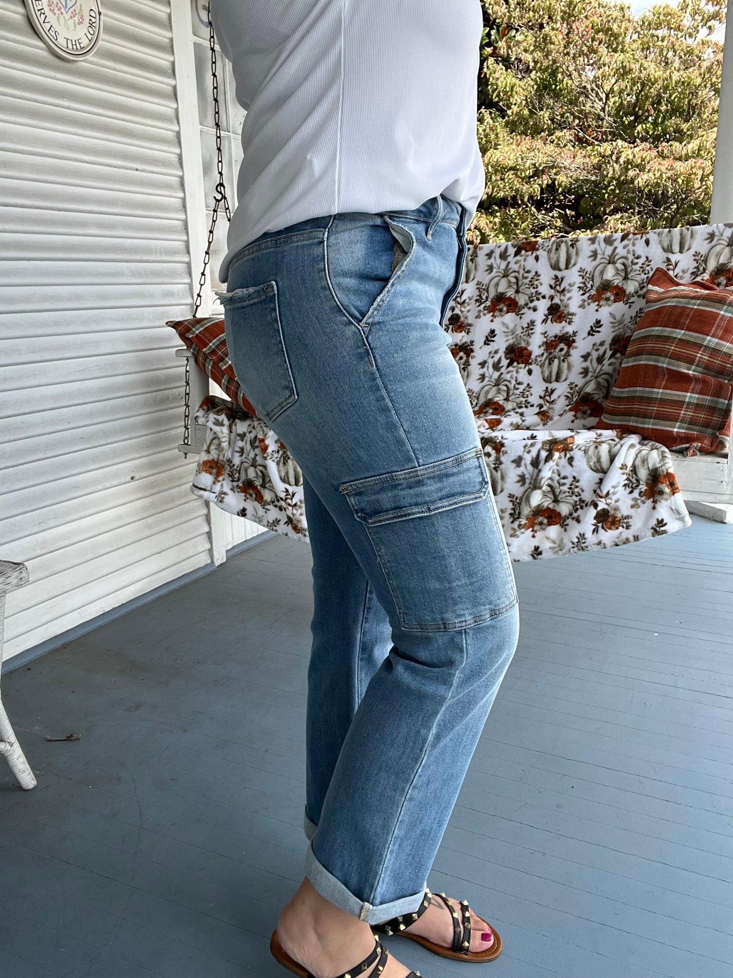 High Rise Crop Straight Cargo Roll Up Jeans