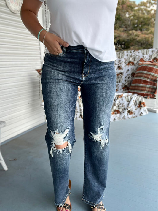 High Rise Distressed Straight Fit Denim