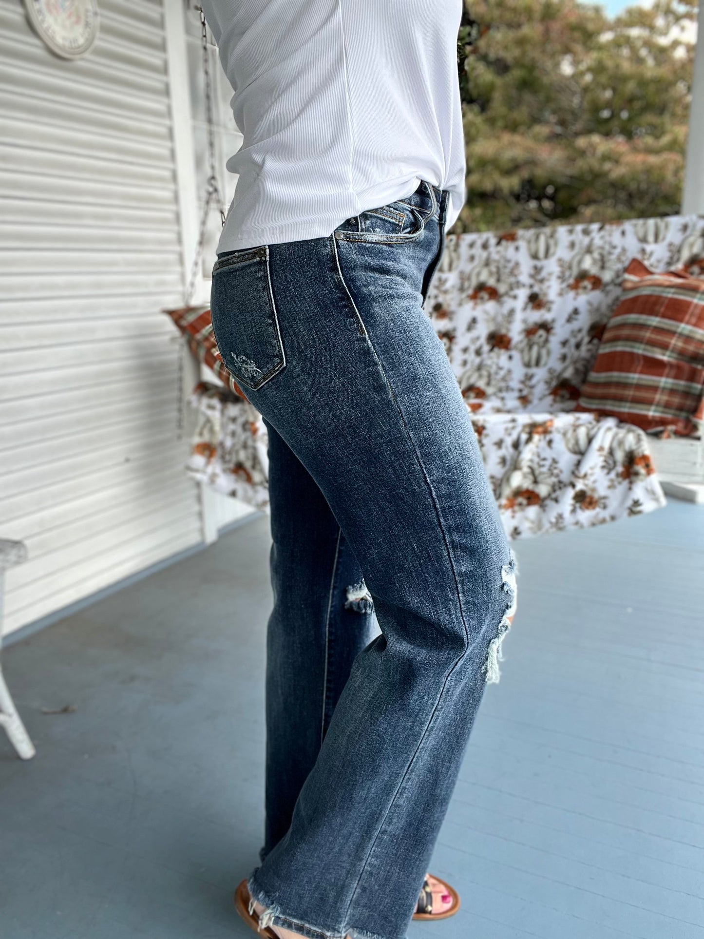 High Rise Distressed Straight Fit Denim