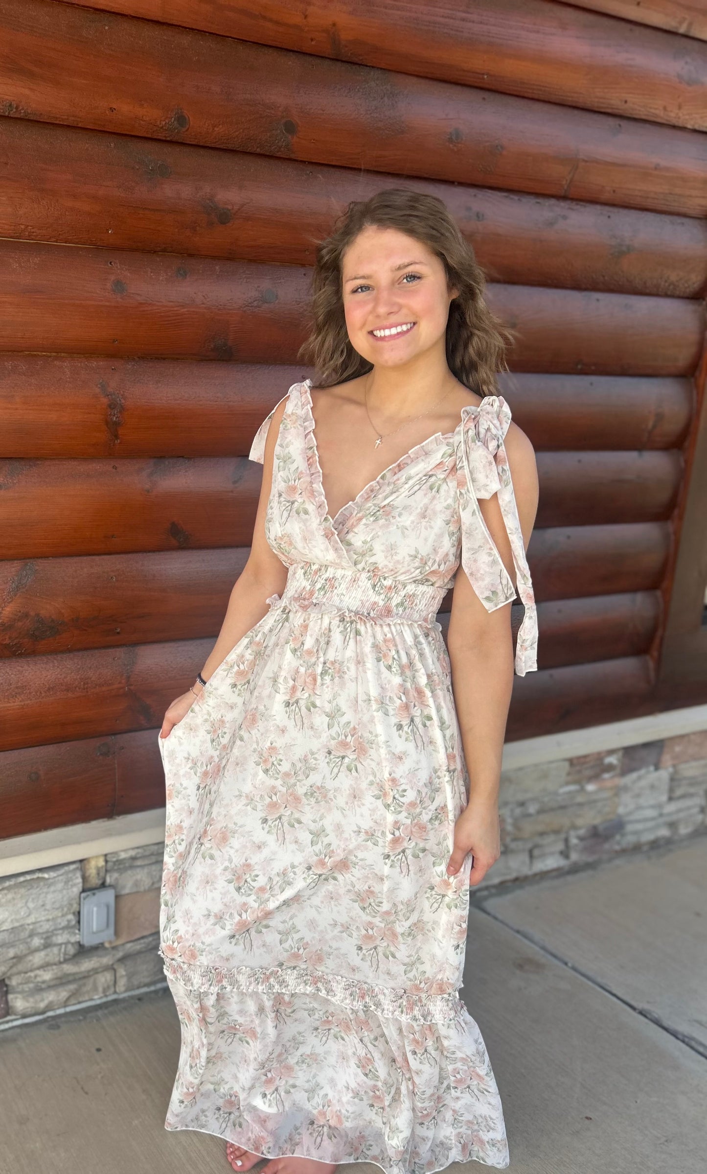 Tie Shoulder Ruffle Floral Maxi Dress