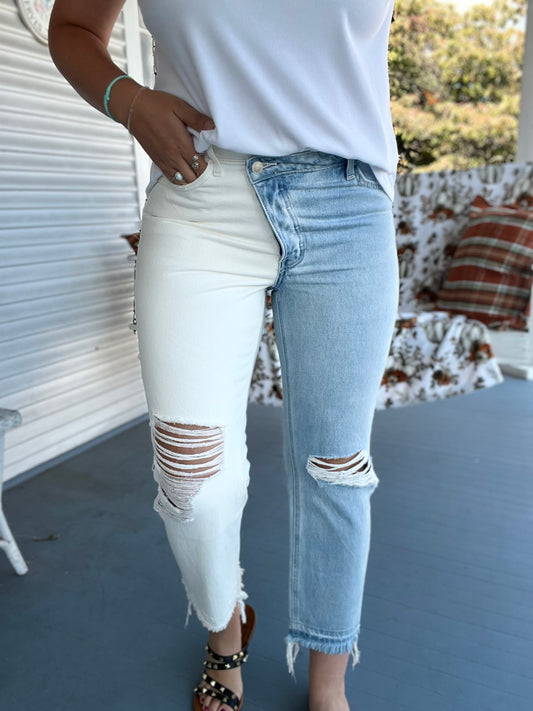 High Rise Cropped Straight Two Tone Jeans