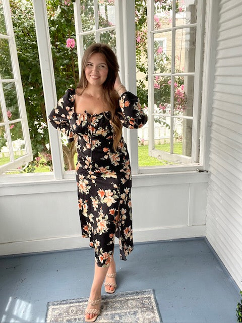 Black/Orange Floral Midi Dress