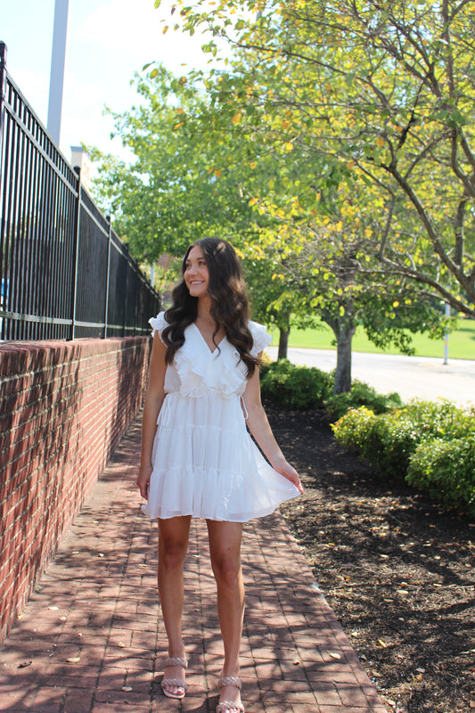 White Ruffle Sleeve Dress