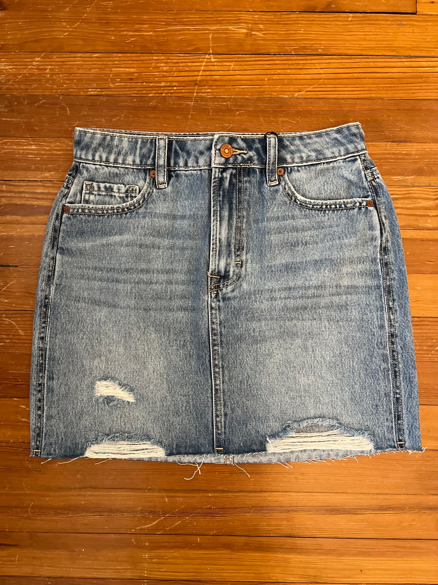 High Rise Distressed Hem Denim Skirt