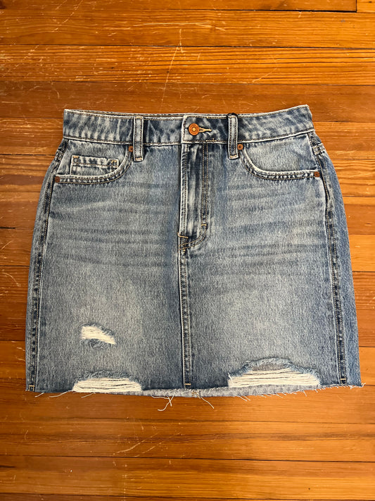 High Rise Distressed Hem Denim Skirt