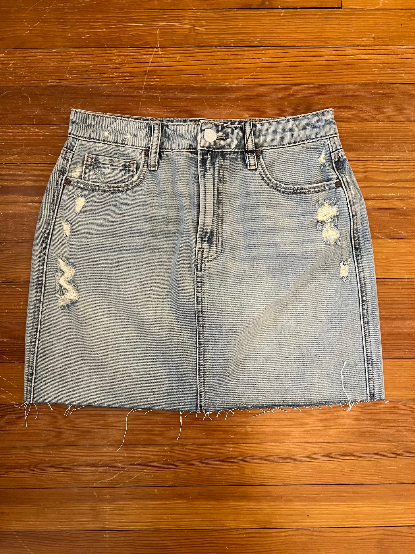 High Rise Distressed Denim Skirt
