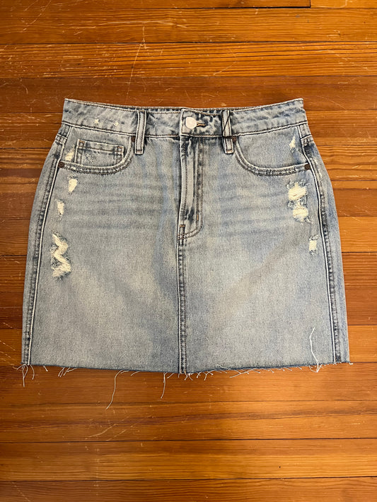 High Rise Distressed Denim Skirt