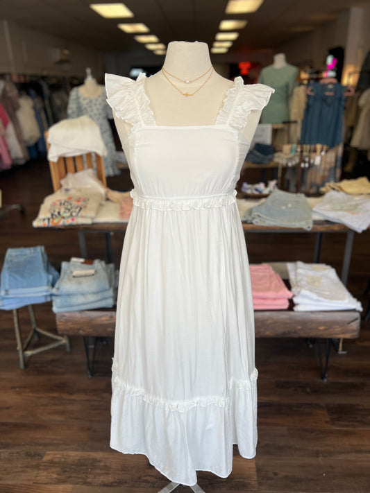 White Ruffle Strap Midi Dress