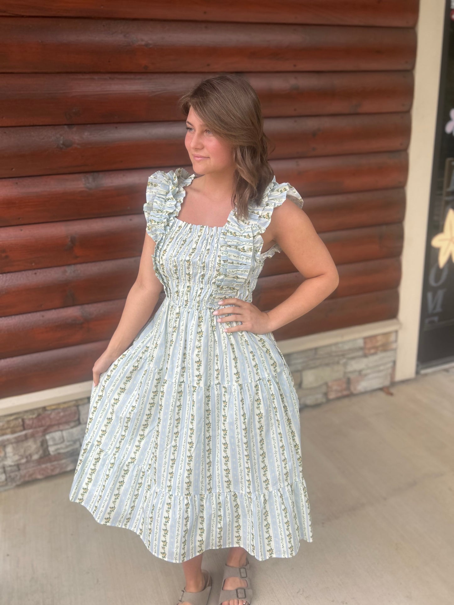 Floral Ruffle Smocked Midi