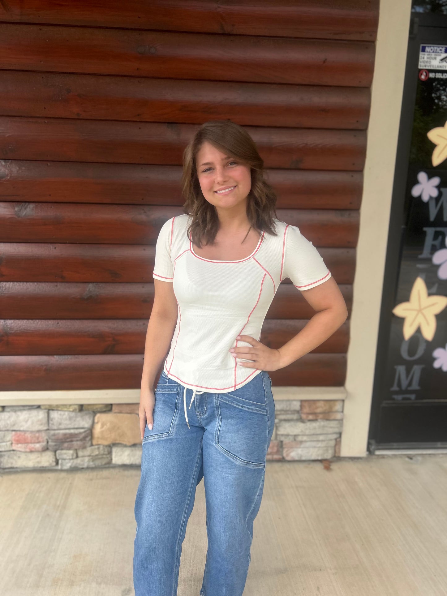 Ivory SS Contrast Stitch Top