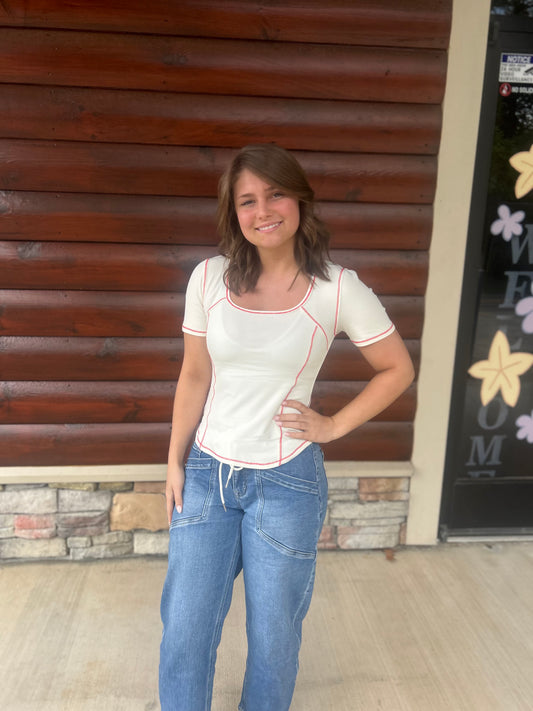 Ivory SS Contrast Stitch Top