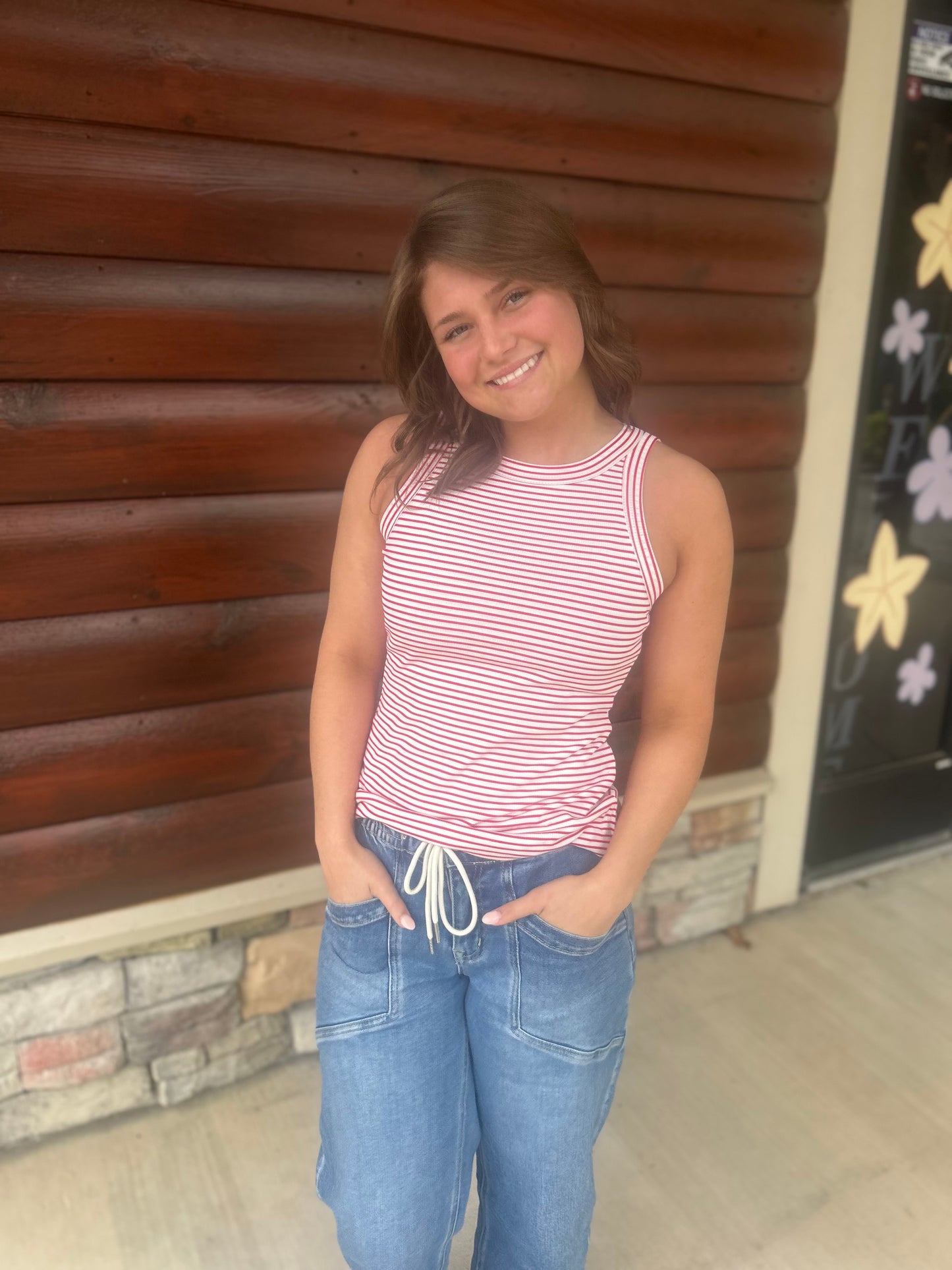 Ivory/Red Striped Tank