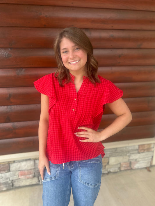 Red Textured Gingham Blouse