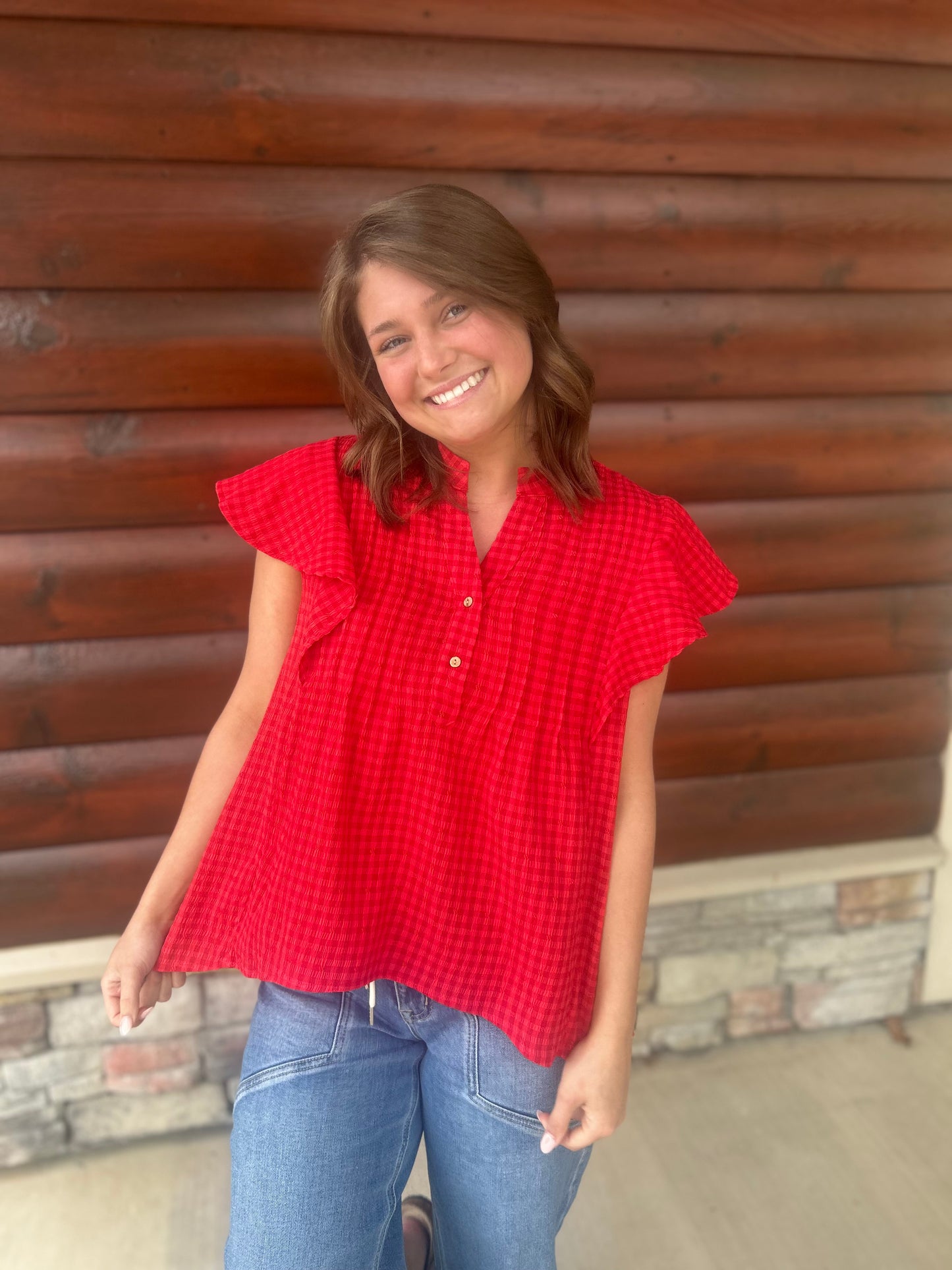 Red Textured Gingham Blouse
