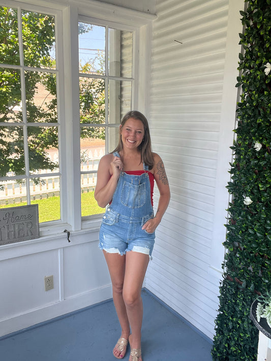 Distressed Denim Shorts Overalls