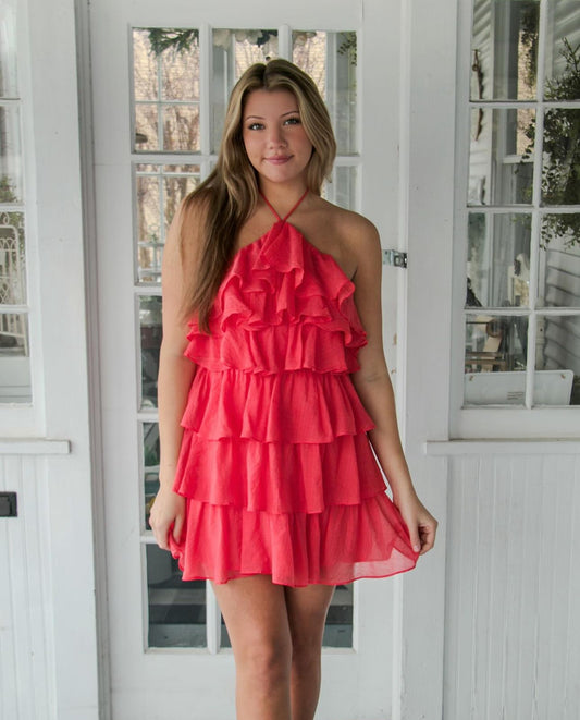 A1-Tiered Coral Halter Dress (in store item)