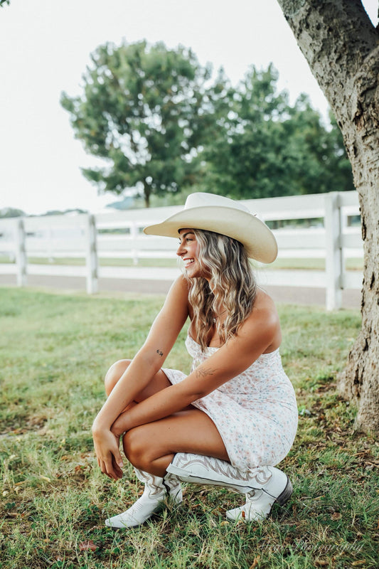 Strapless floral yellow corset dress