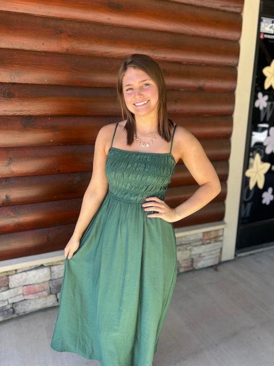 Shirred Bodice Spaghetti Strap Midi