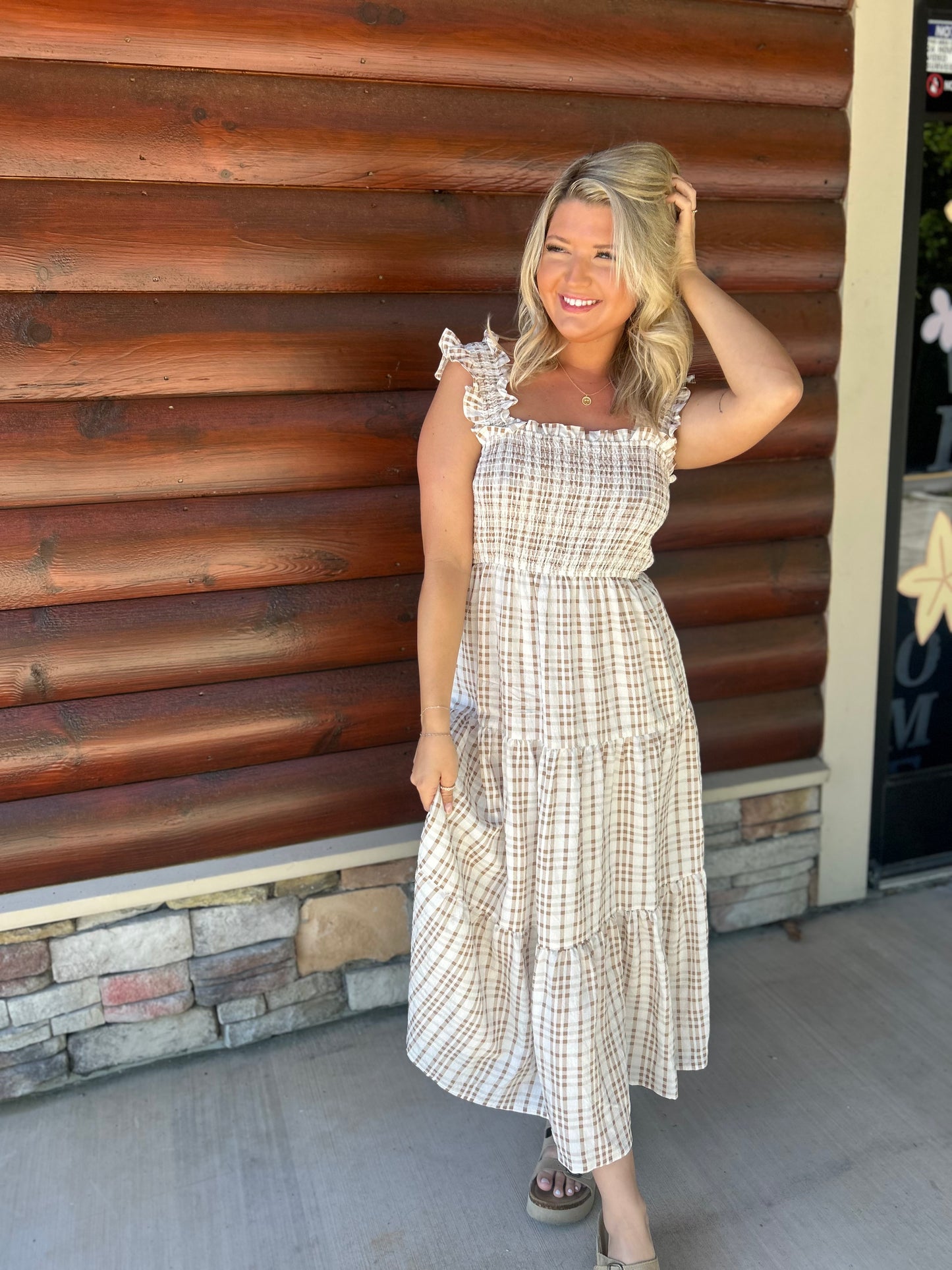 Plaid Smocked Ruffle Strap Tiered Midi
